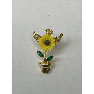 Yellow Sunflower Flower in Pot Angel Wings Halo Lapel Pin Made in USA